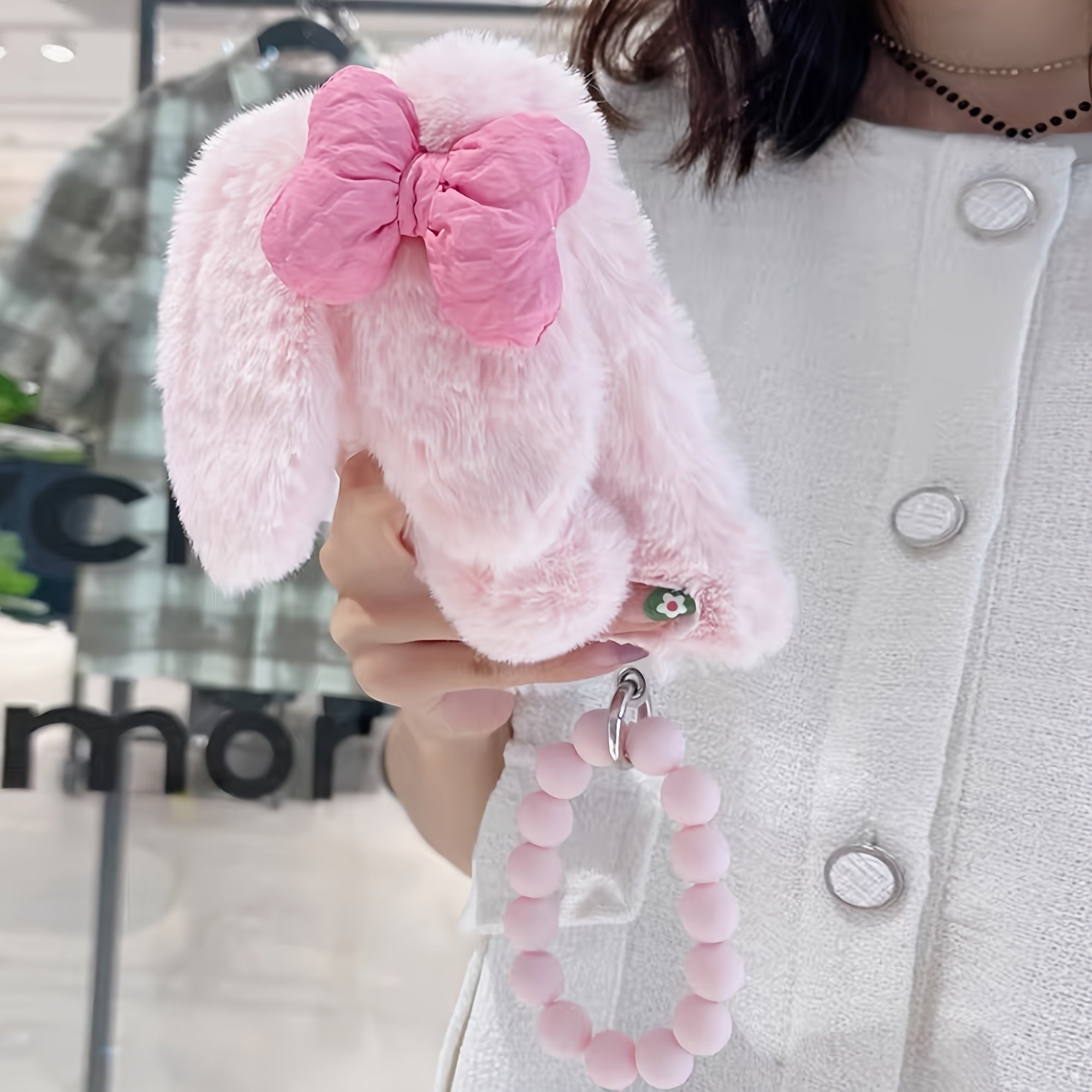 Pink Plush Velvet Bow Rabbit Plush Phone Case with Chain for iPhone 16 Pro Max and Samsung S23 S24 S25
