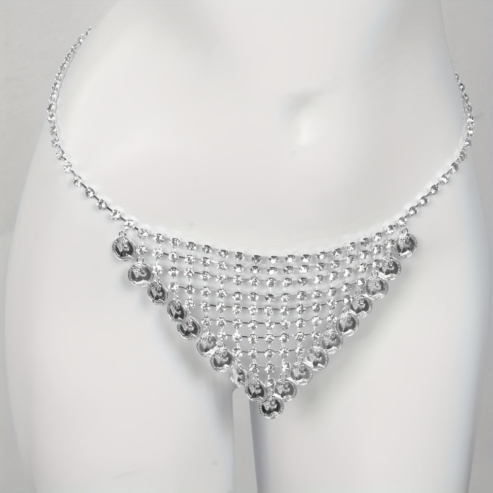 1 Set Bra + Panties Fashion Alloy Full Rhinestone Mesh Women's Bra Body Chain, Round Coin Tassel Pendant Body Chain Suitable for Parties, Music Festivals, Beach Body Accessories
