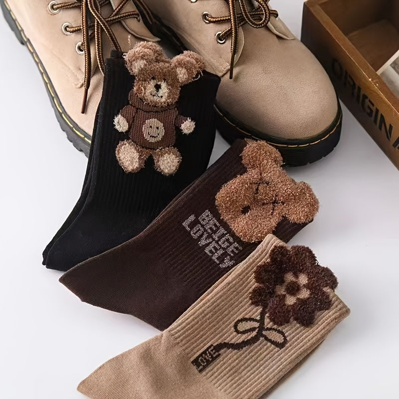 3 Pairs Of Cartoon Bear Print Socks, Comfortable And Cute Mid-calf Socks, Women's Stockings And Socks
