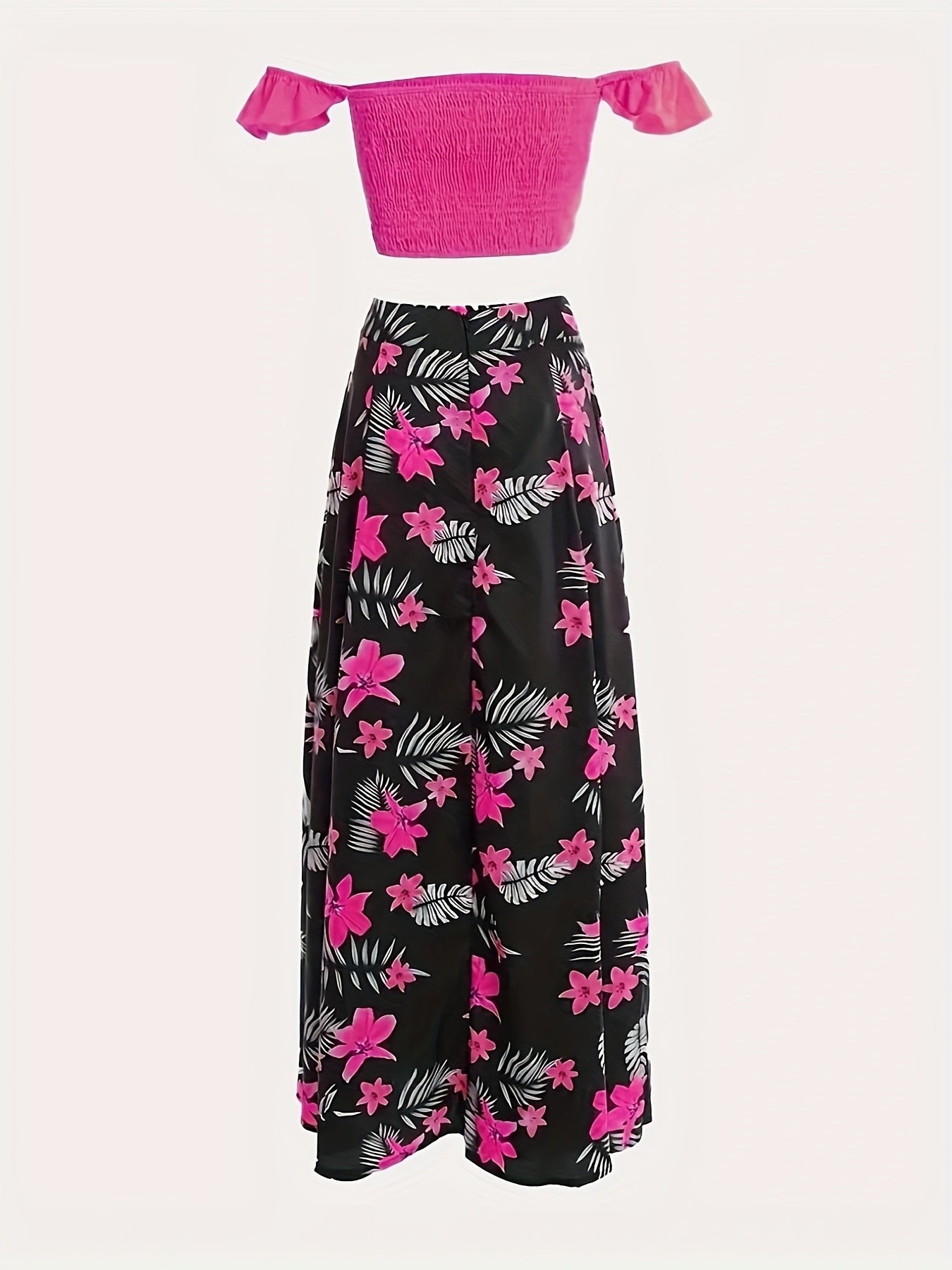 Casual Fashion Beach Vacation Two-Piece Set Women's Summer New European Print Pleated Off-Shoulder Crop Top with Slit Skirt