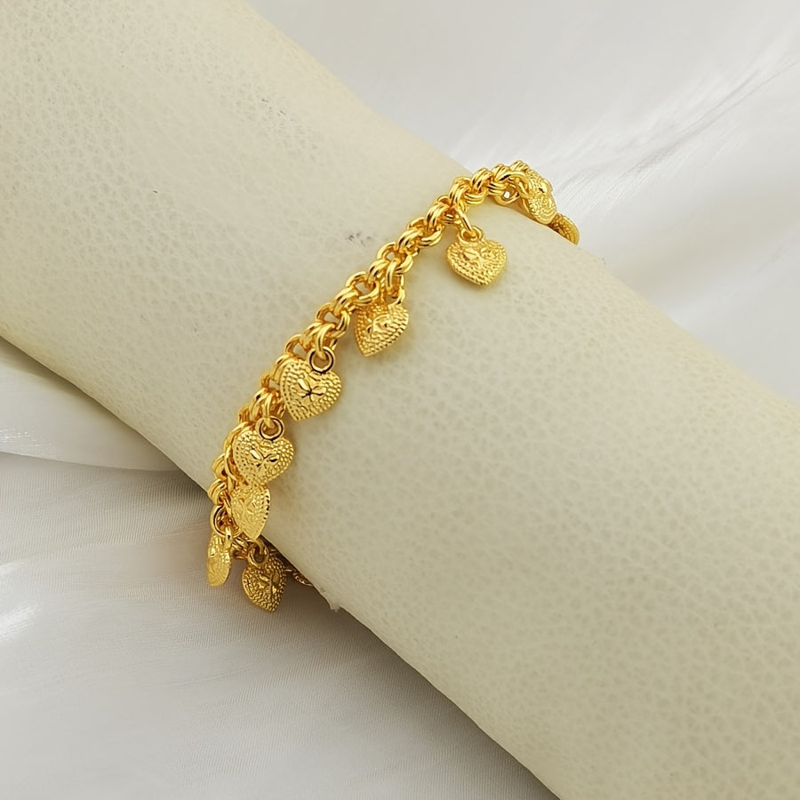 3pcs Luxurious Golden-Toned Heart Pendant Bracelet Set for Women - Boho Chic Style, Ideal for Weddings, Birthdays, Parties, Valentine's & Ramadan Gifts, Jewelry Set