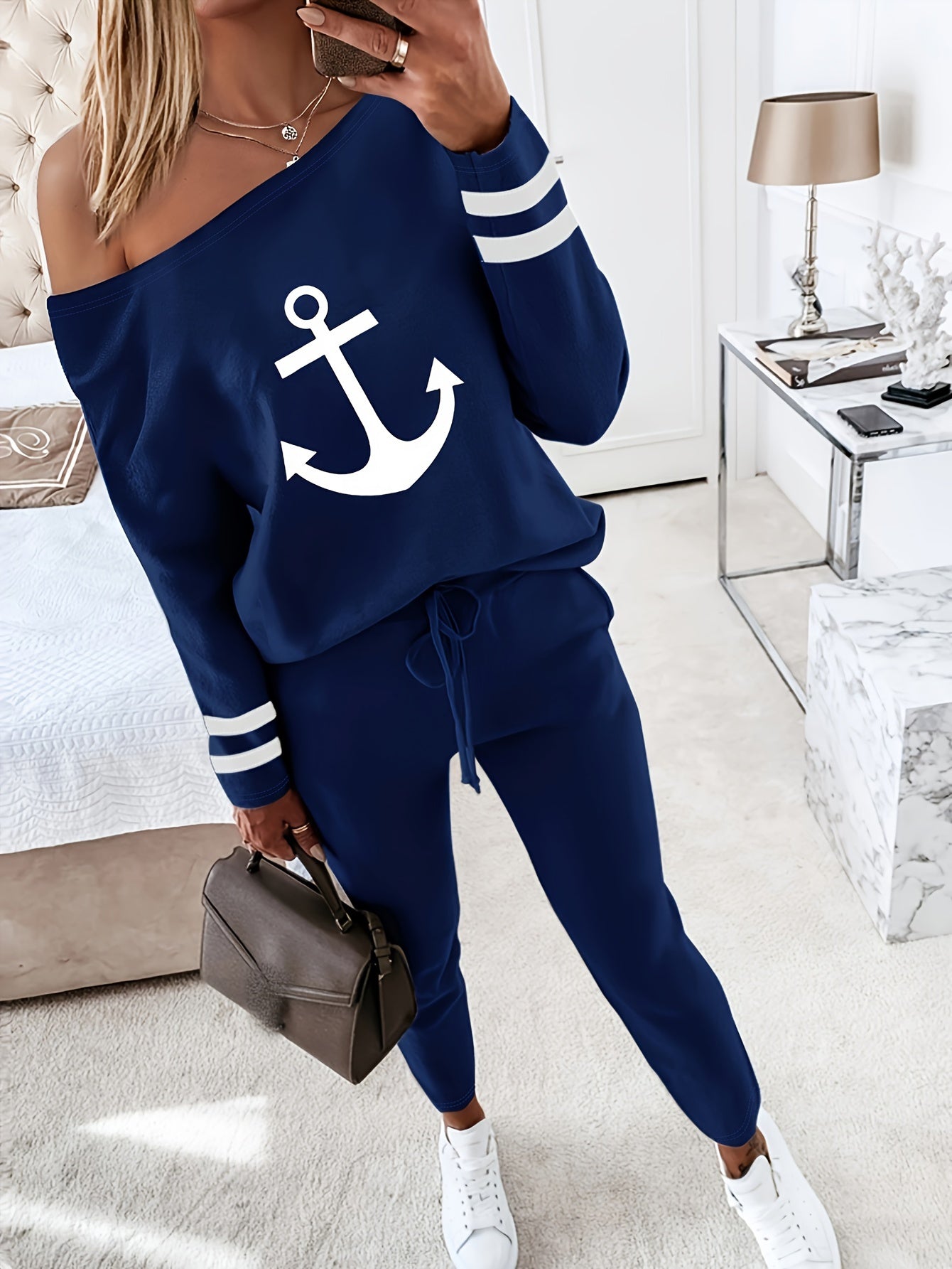 Two-piece Set: Nope Not Today Print Long Sleeve Top & Solid Drawstring Pants Outfits for Women, Casual Spring & Fall Clothing