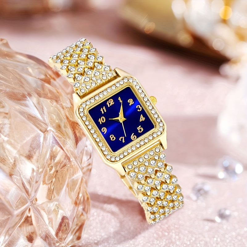 Quartz Watch & Accessory Set - Elegant Analog Navy Blue Dial, Golden Material, Movement with Battery Display, Stylish Present for Women on Any Event or Celebrations