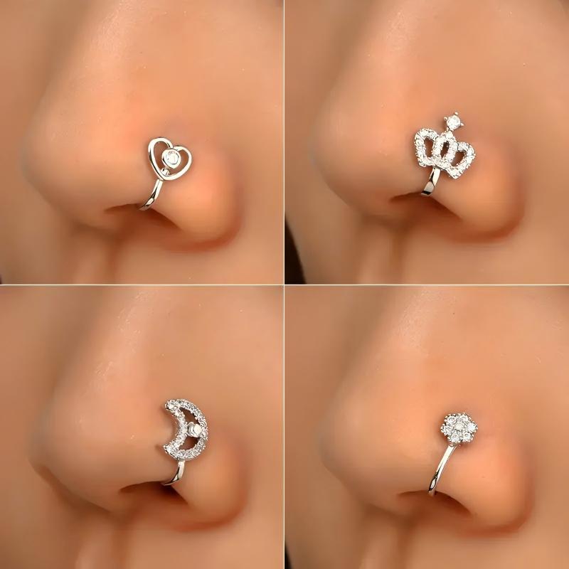 9pcs Non-Piercing Nose Ring Set – Gold-Plated U Shape Nose Clips with Zirconia, Star, Heart & Crown Charms – Stylish No Piercing Required Nose Jewelry for Women & Girls