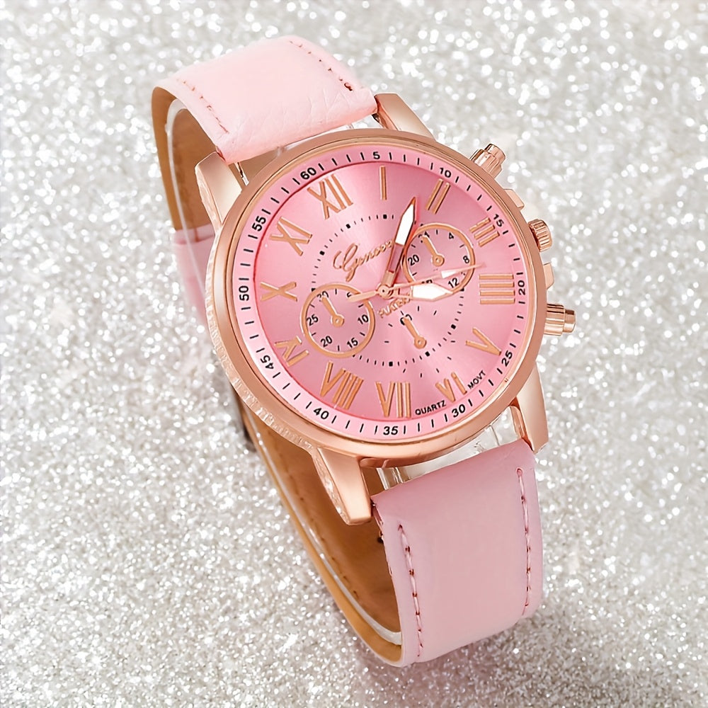 5pcs/Set Elegant College Style Women's Quartz Watch Set, PU Leather Strap Watch+Jewelry Set, Suitable for Daily Use or Gift Giving, Suitable for Wearing Throughout the Year