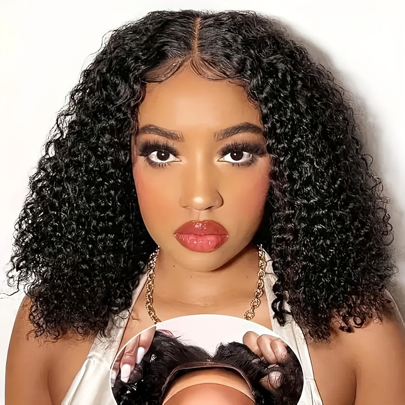 4x4 Put On And Go Glueless Bob Wig Human Hair Curly For Women Kinky Curly Lace Front Wig Human Hair Pre Plucked Pre Cut Lace Ready To Wear 180% Density Natural Black