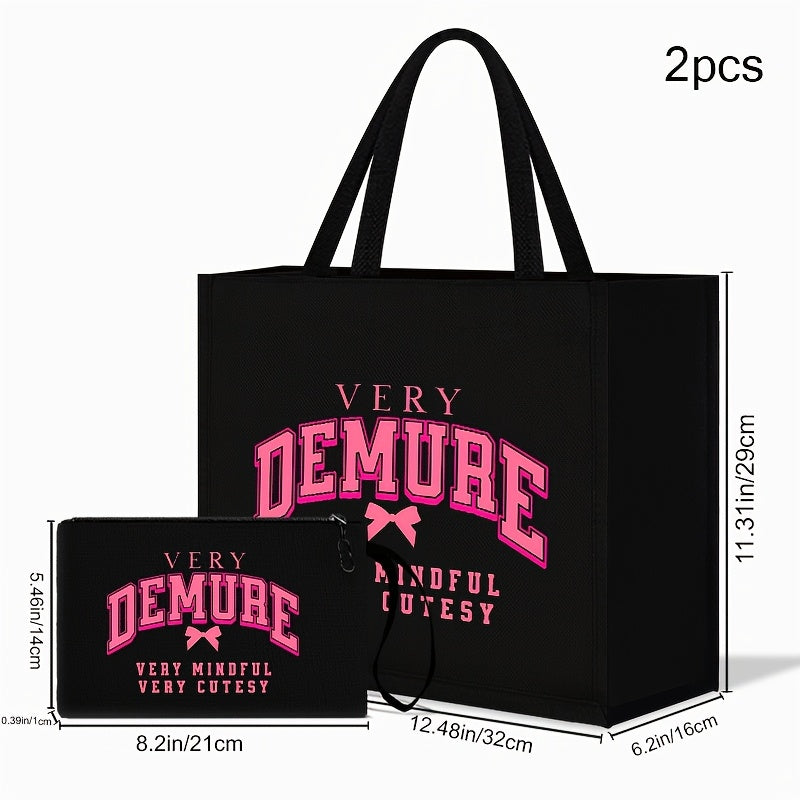 2pcs Chic Black Linen Tote & Makeup Bag Set with "VERY DEMURE" Print - Lightweight, Durable Shopping and Beach Travel Bags with Pink Bow Accent, Hand Washable