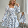 Women'S Sexy Elegant Square Neck Floral Print Long Sleeve Dress with Shirred Back Tie and Ruffle Detail, Polyester, All-Season Wear