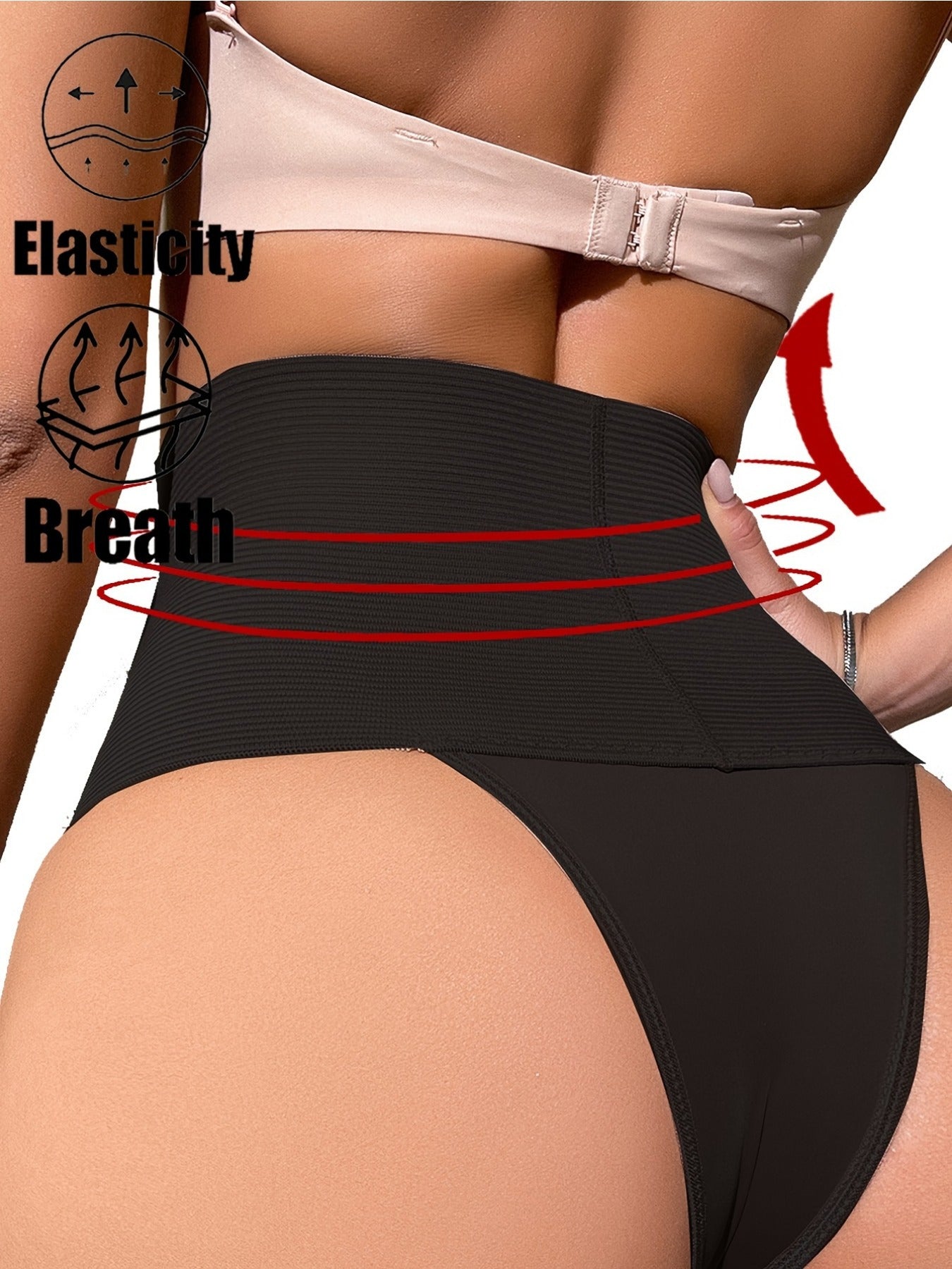 2pcs High-Waist Tummy Control Shapewear Panties, Postpartum Body Shaper Thong, Slimming Butt Lifting Shapewear Underwear, Solid Color Knit Fabric