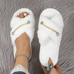 Women's Fashion Slip-On Slippers with Sparkling Ankle Charm - Plush Faux Fur Cross-Toe Warm Indoor House Shoes, Non-Slip EVA Sole, All-Season Cozy Slippers for Women (White, Pink, Black, Beige), Charming Ankle Charm | Fabric