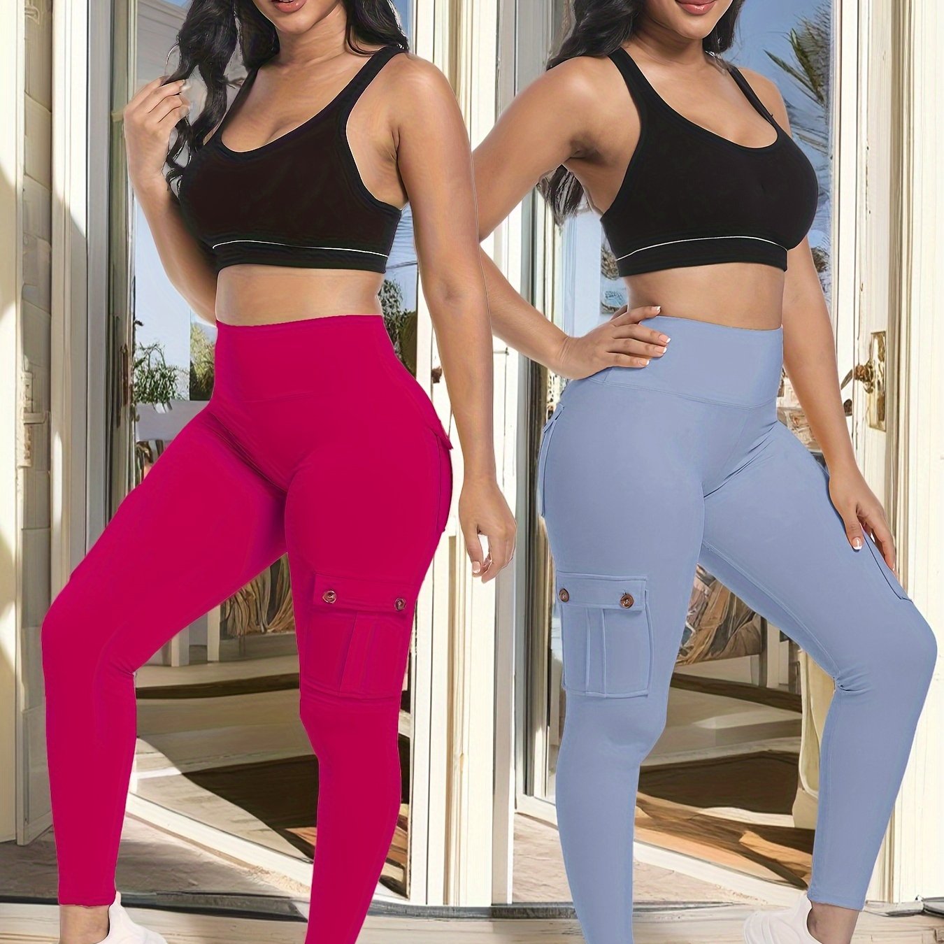 2pcs high-waisted yoga leggings with 4-button pockets, multi-pack butt-lifting and abdominal fitness running four-way elastic work pants, 2pcs leggings set