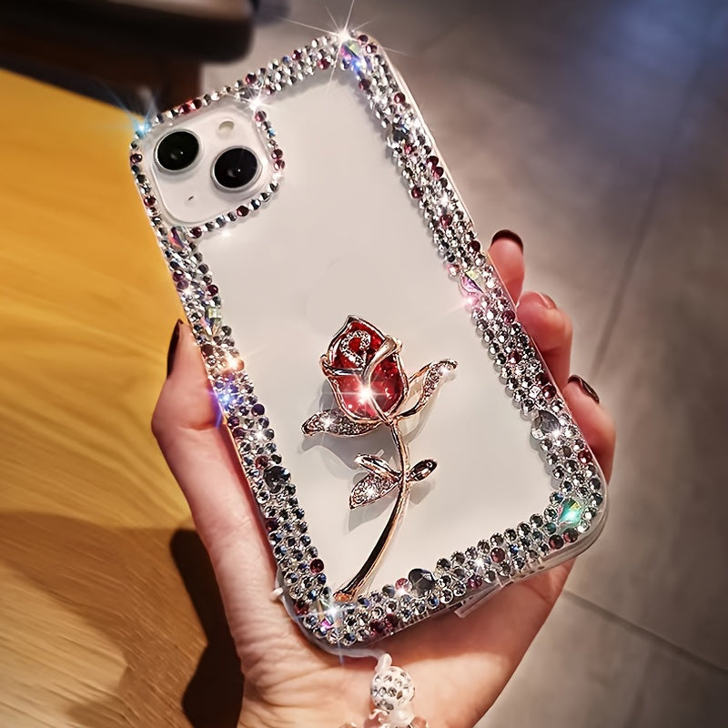 [1pc Luxurious Rose Flower Phone Case] Luxurious And Stylish Three-Row Glass Hardware Rose Flower Phone Case with Sparkle Bracelet Strap, Suitable for Iphone 16 Pro Max, Shockproof Phone Cover.