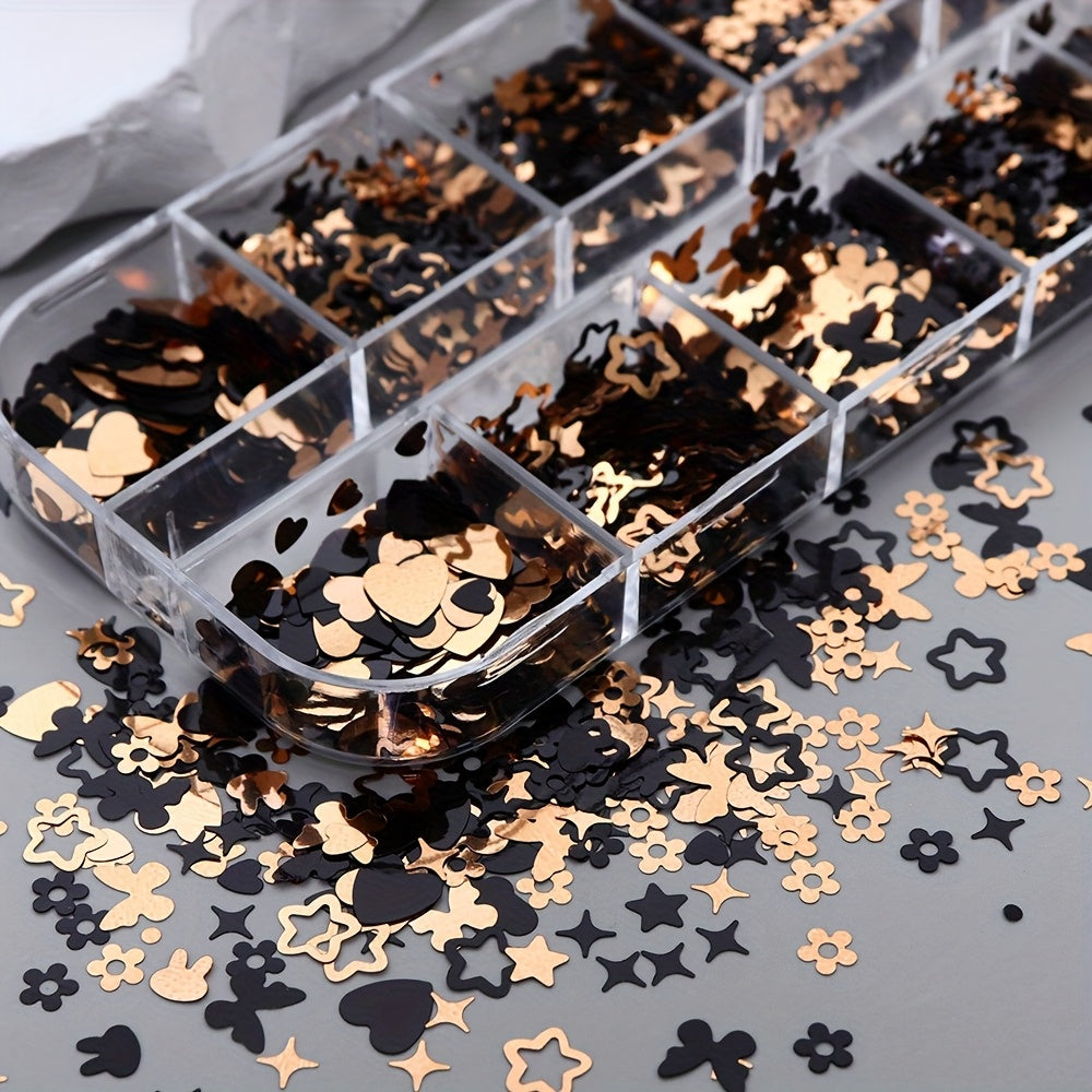 Yanyniu 12-Grid Butterfly & Floral Nail Glitter - Black, Golden & White Mix | Sparkling Rabbit & Flower Designs for Nail Art Decoration