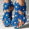 Faux Pearl Women's Flowers Flat Sandals, Fashion Toe Loop Casual Beach Travel Slip On Shoes