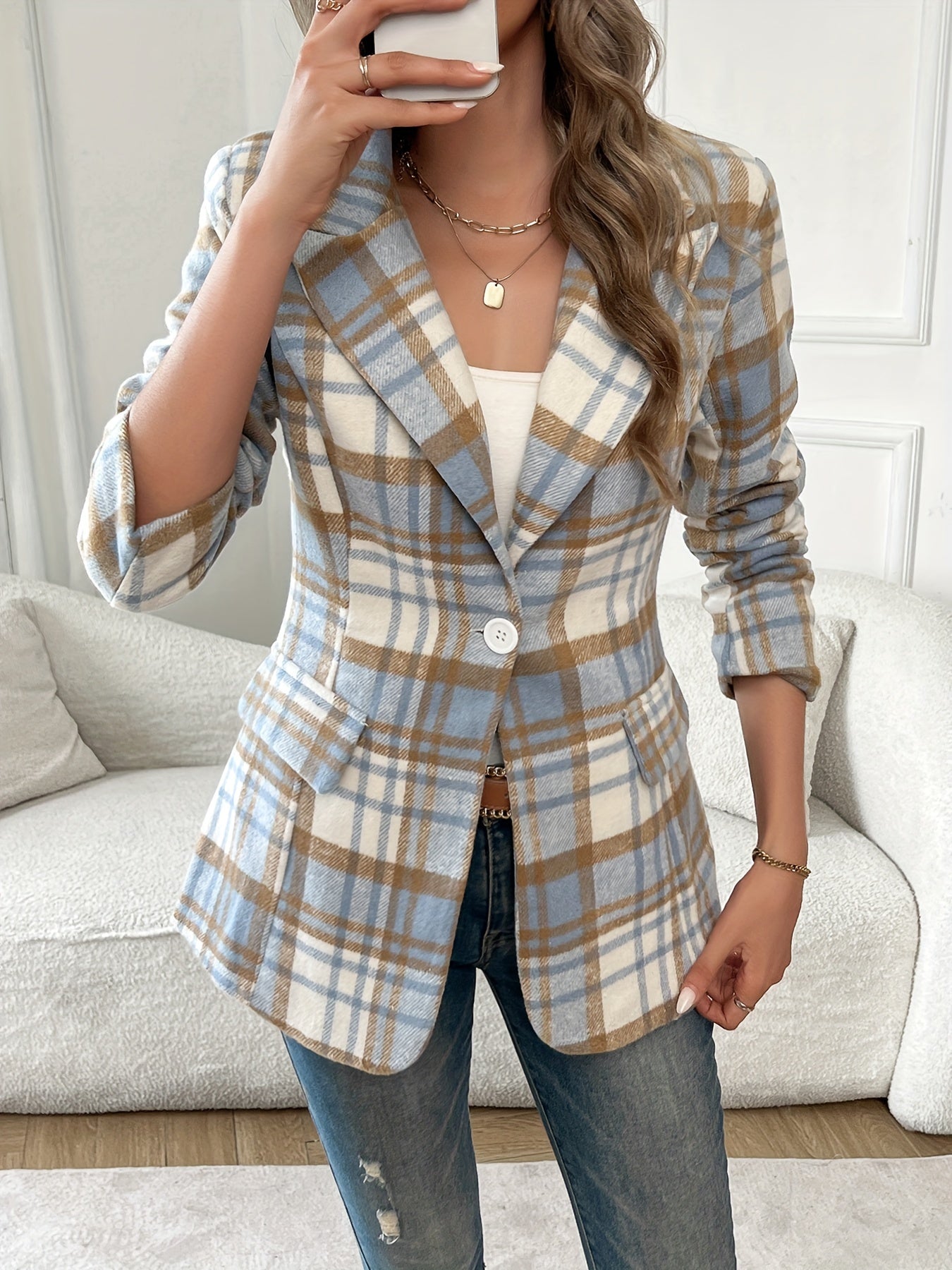 Plaid Button Front Lapel Blazer, Elegant Long Sleeve Blazer For Office & Work, Women's Clothing