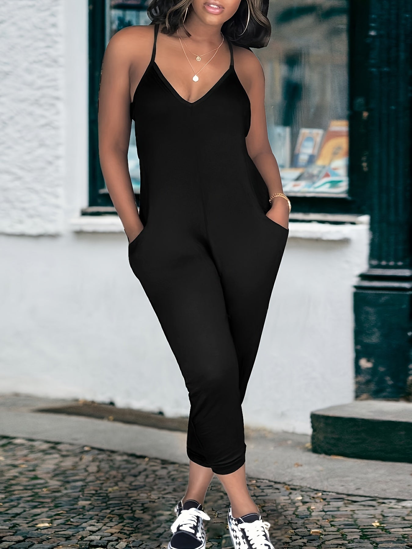 Solid Color Stylish Casual Pocket Jumpsuit