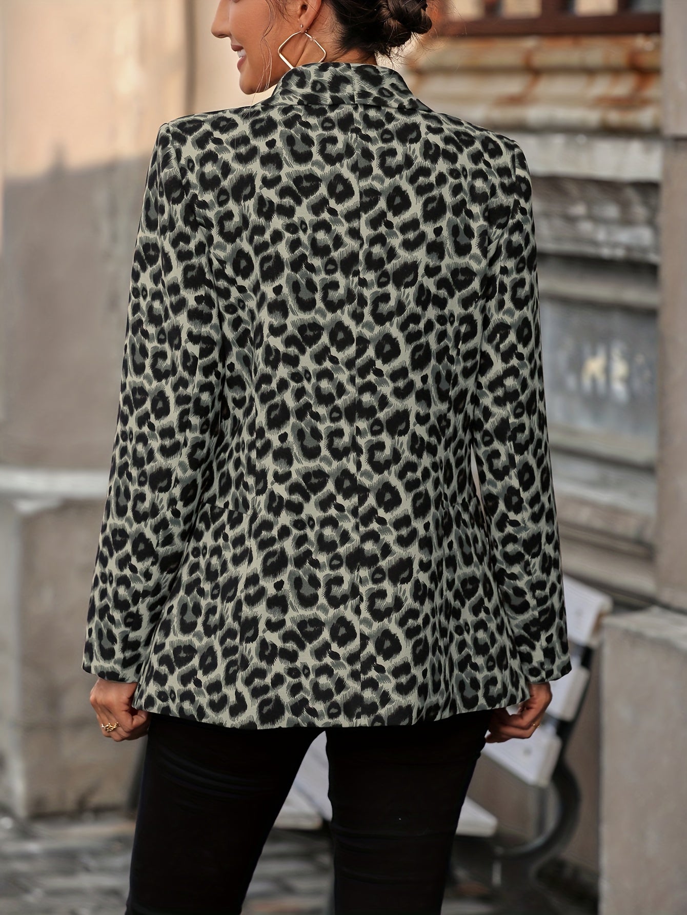 Leopard Print Open Front Blazer, Elegant Lapel Neck Long Sleeve Blazer For Office & Work - Women's Clothing - Stylish & Professional - Suitable for Business Meetings & Formal Events - Perfect Gift for Women