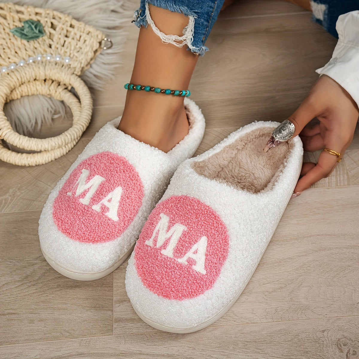 Women's Casual "MAMA" Fluffy Slippers - Comfy Faux Fur-Lined Indoor House Slip-on Shoes with Non-Slip TPR Sole, Flannel Insole, Seasonal Warmth, Easy Care, Cixi Origin - Cozy Winter Footwear Gift for Mom