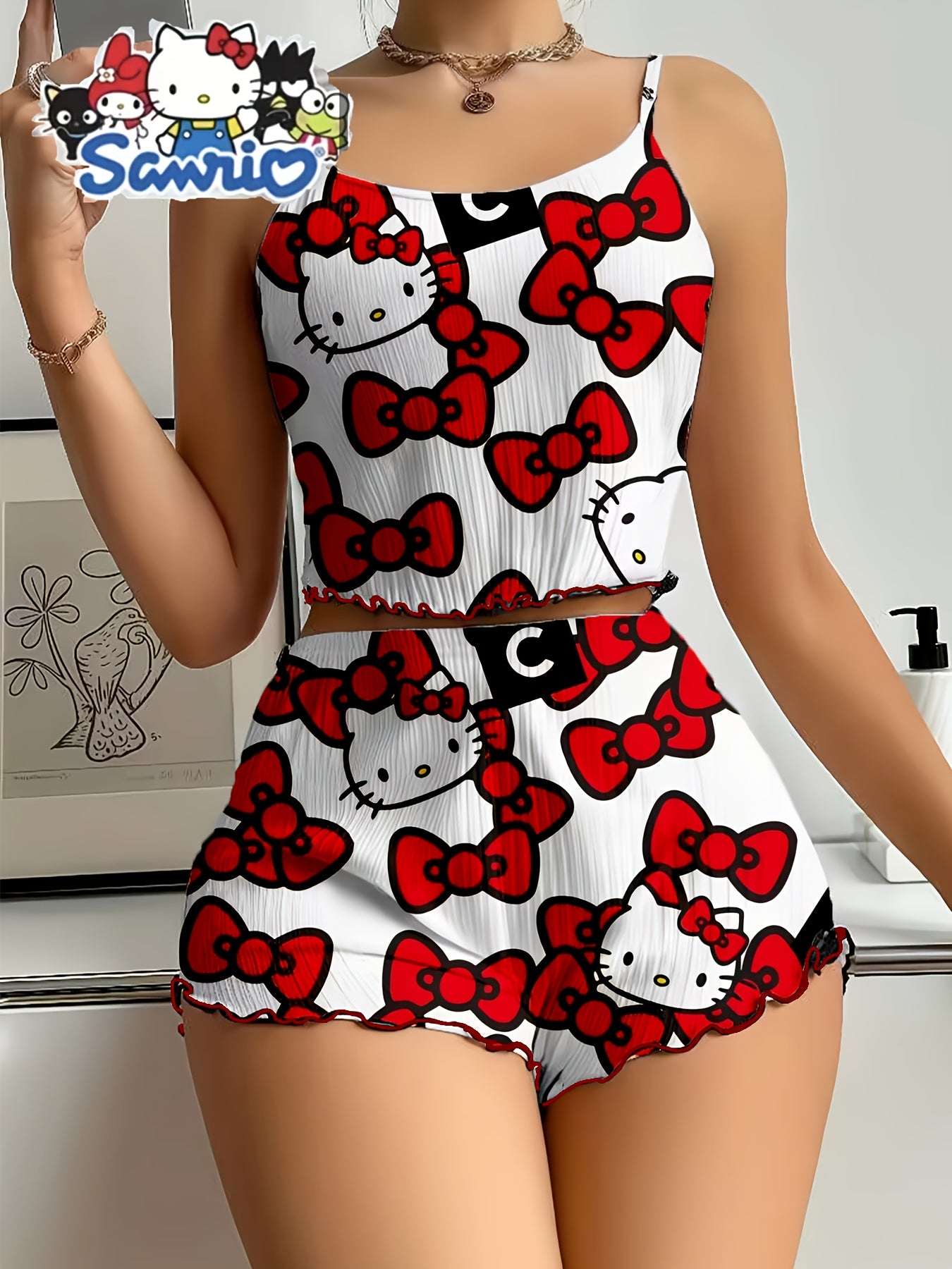 Sanrio for hello kitty Women'S Shorts Set - Elegant Off-Shoulder, Cartoon Print, Polyester Knit Pajamas with Ruffle Detail, All-Season Comfort, Adult Sleepwear, Shorts Set|Playful Print|Polyester Fabric