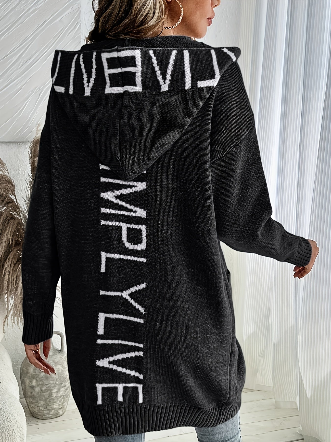 Women's Letter Print Open Front Knit Cardigan - Casual Hoodie Long Sleeve - Cozy Fleece Material - For Fall & Winter - Perfect for Casual Wear & Layering - Ideal Gift for Women