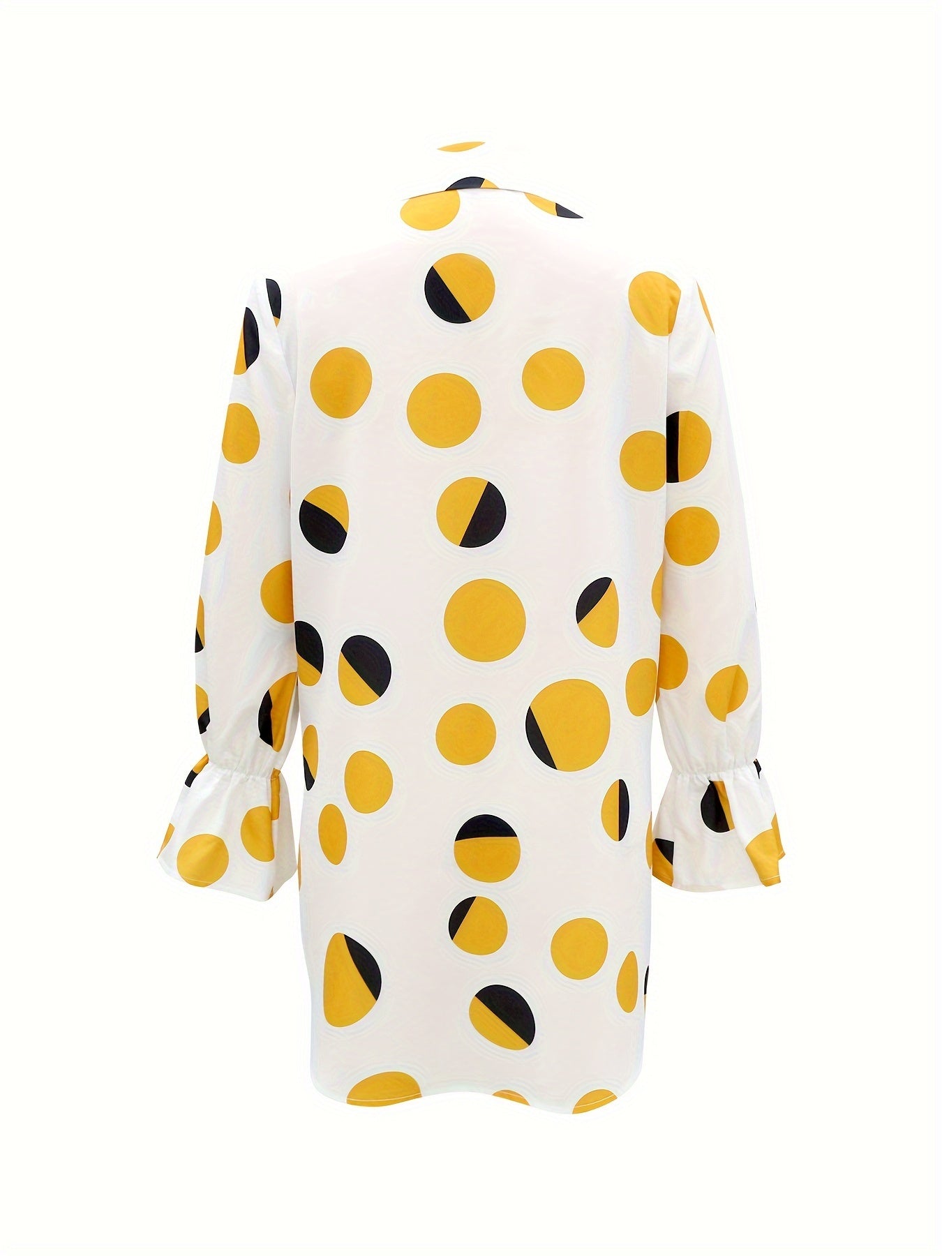 Long Sleeve Elegant Polka Dot Print Shirt - Loose Fit, Dipped Hem, Slit Hem, Machine Washable, Random Printing - Perfect for Spring, Summer, and Fall Seasons