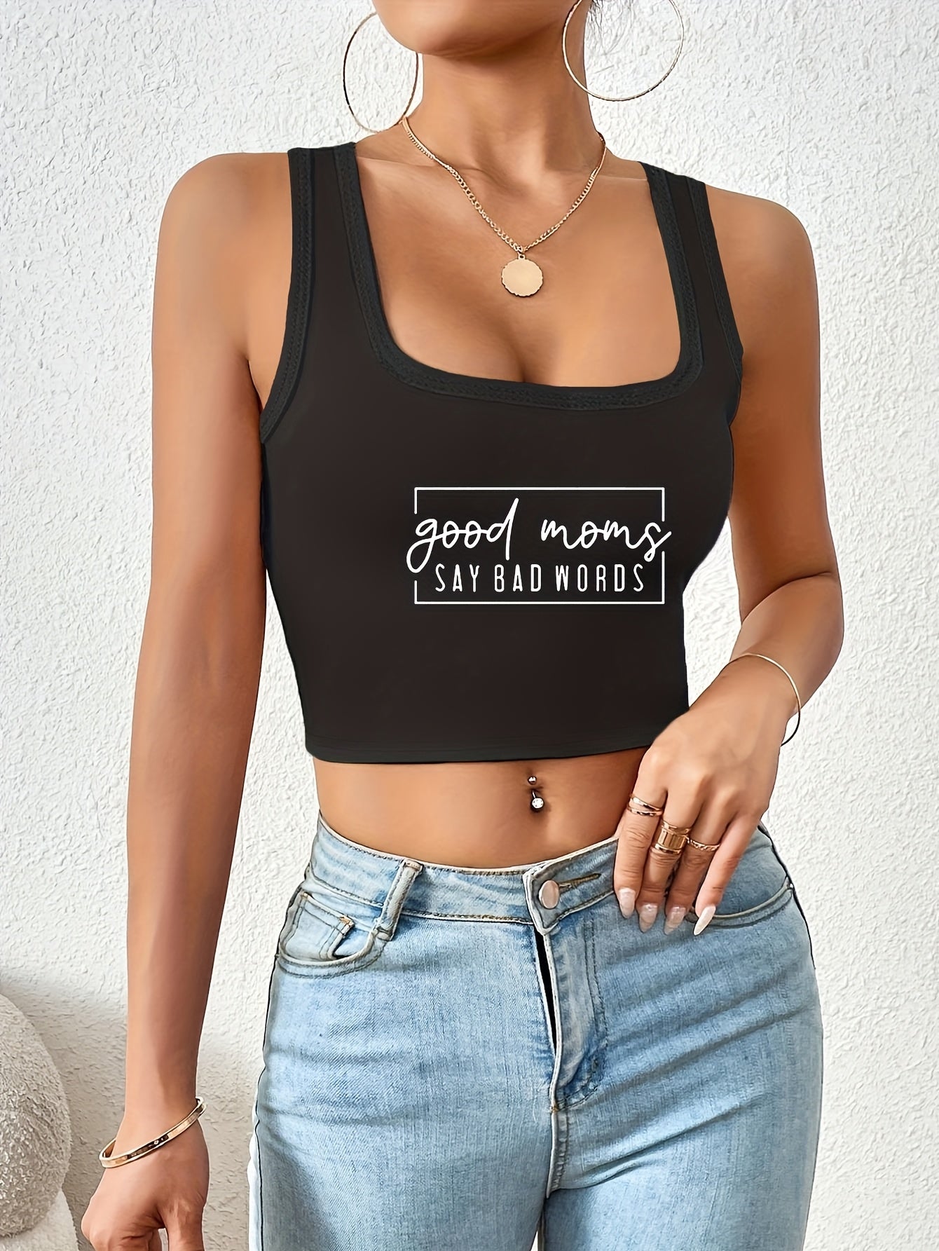 Women's Sexy Casual Cropped Vest - "Good Moms Say Bad Words" Letter Print, Black Sleeveless Round Neck Stretchy Top, Machine Washable Regular Fit for All-Season Layering, Allseason Apparel, Playful Print, Medium Elasticity