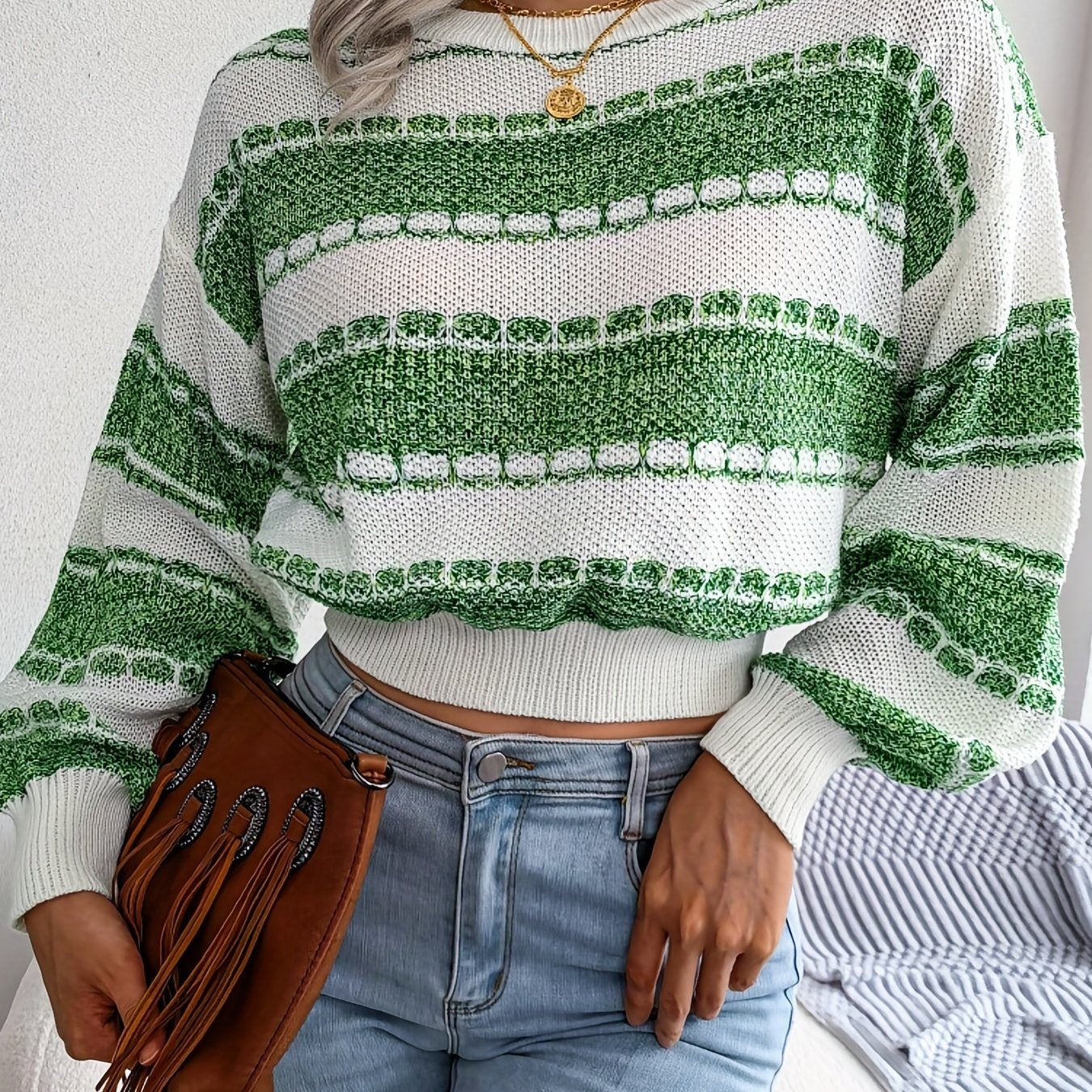 Cozy Striped Crew Neck Sweater - Soft Medium Stretch Acrylic Knit Fabric, High Elasticity, Casual Long Sleeve Loose Fit for Winter - Womens Clothing for Everyday Wear