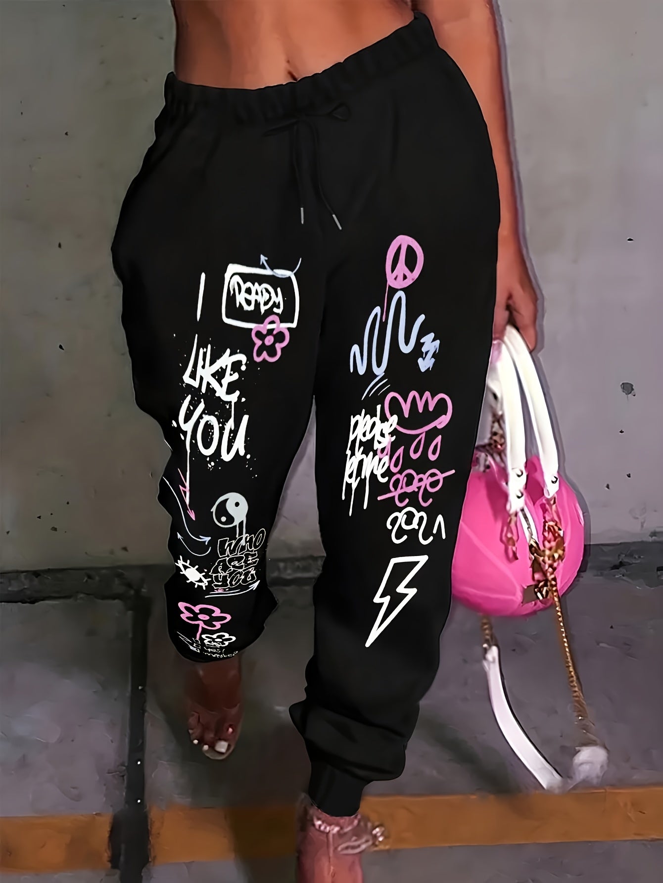 Women'S Casual Printed Sweatpants - Black with White Cartoon Face & Letter Design, Elastic Waistband with Drawstring, Lightweight Polyester for Spring/Fal