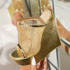 Elegant Golden Snake-Pattern Wedges | Women's Summer Slip-on Platform Heels with Round Toe | Polyurethane Upper & Inner, Rubber Sole | Ultrahigh 5.51inch Heel | Huizhou Crafted Mesh Peep-Toe Sandals
