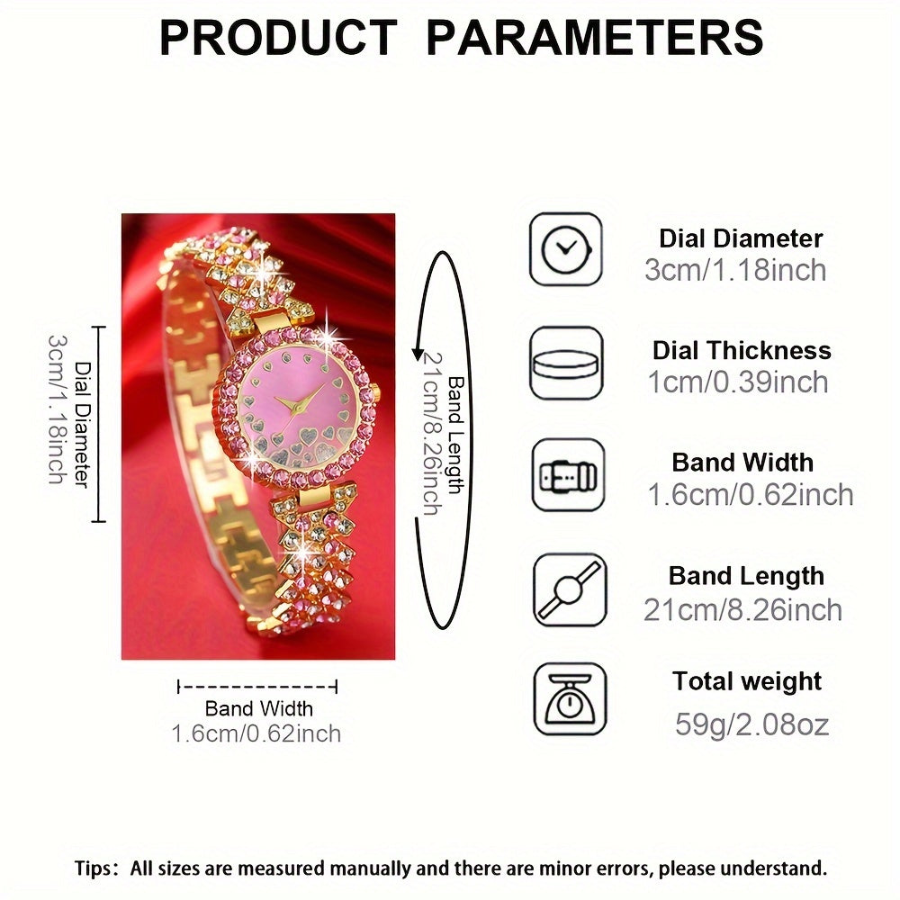 6 Pcs Pink Round Rhinestone Quartz Watch Alloy Strap Alloy Pointer Alloy Case And Rhinestone Bracelet Necklace Earrings Ring Jewelry For Women