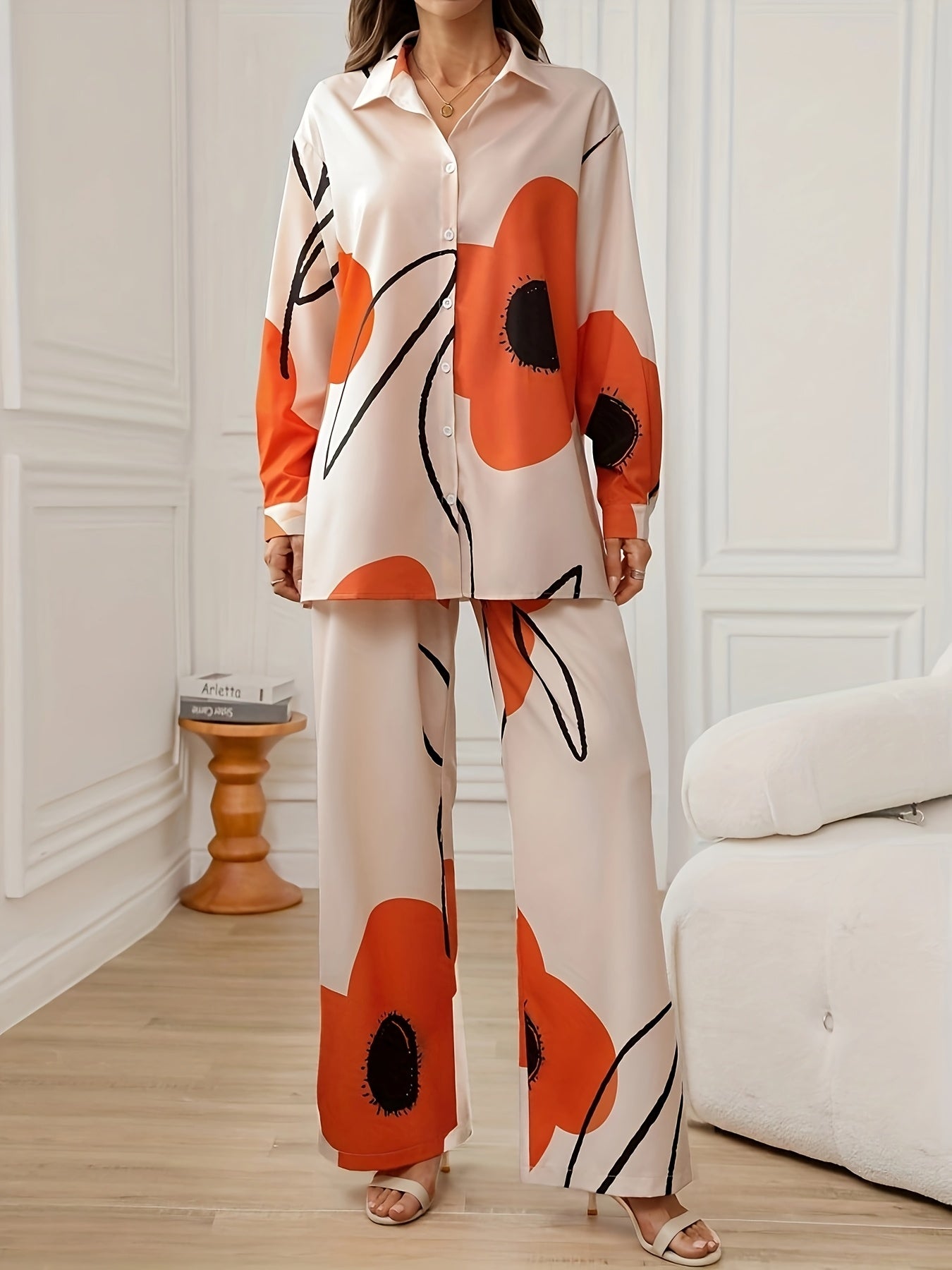 Women'S Floral Print Long Sleeve Shirt & Double Side Pocket Wide Leg Pants Set - Casual Elegant Style, Polyester, Spring/Summer Collection
