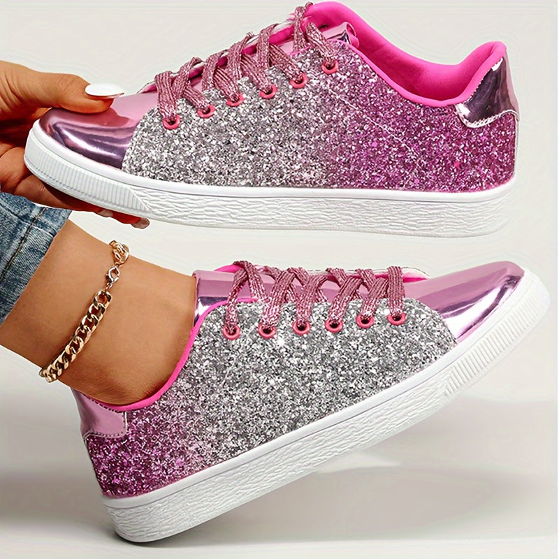 Women's Glitter Sneakers - Casual Athletic Flat Shoes, Fashionable Low Top Lace-up Fashion Skate Shoes - Plus Size - For Women - Suitable for Casual Wear, Sports & Parties - Perfect Gift for Fashionable Women
