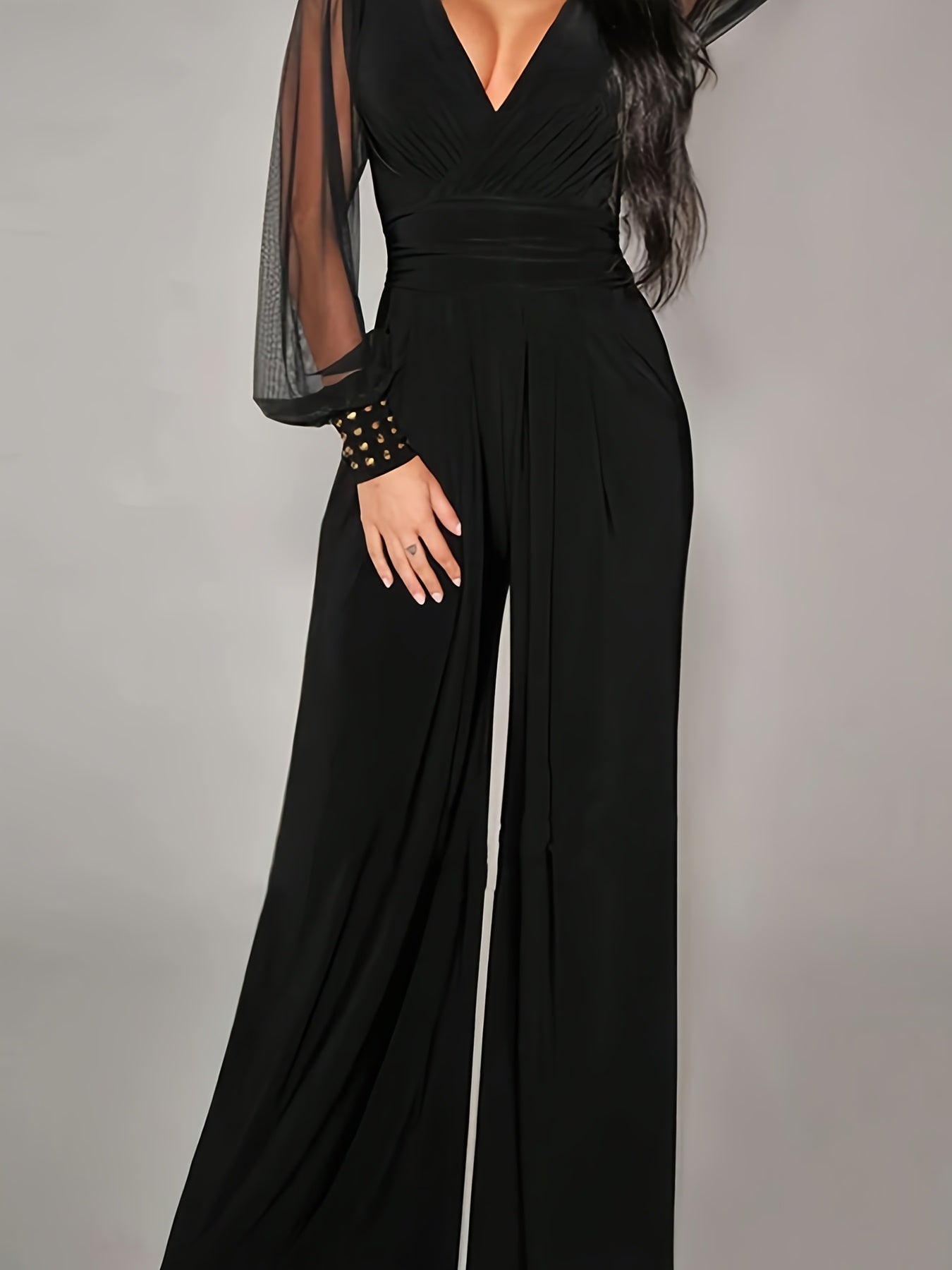 Elegant Black V-Neck Long Sleeve Jumpsuit with Sheer Netting Sleeves - 100% Polyester, Machine Washable, All-Season Women's Fashion Outfit, Clothes for Young Ladies