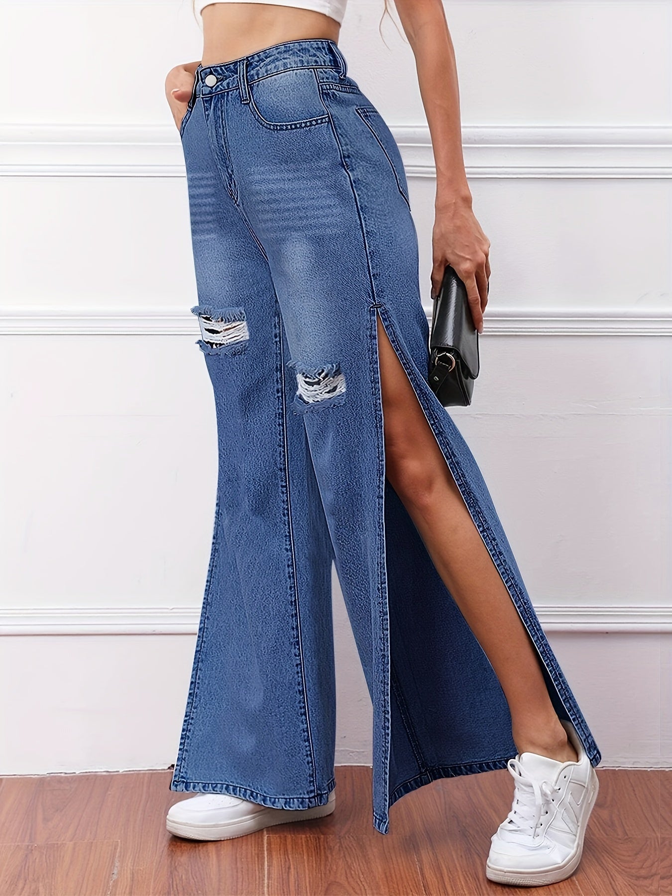 European And American Cross-border Women's Fashion Personality High Slit Jeans Trousers
