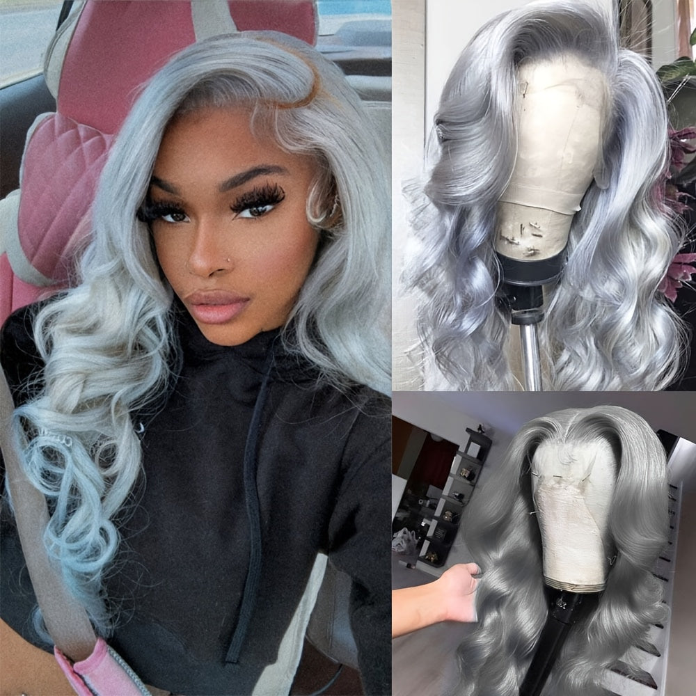 Grey Body Wave Lace Front Wigs Human Haire Pr Plucked Grey Human Hair 13x4 Front Wigs Glueless Silvery Lace Front Wigs for Women 200% Density for Daily Wear Party Women Pre Plucked with Baby Hair Bleached Knots Glueless Wig