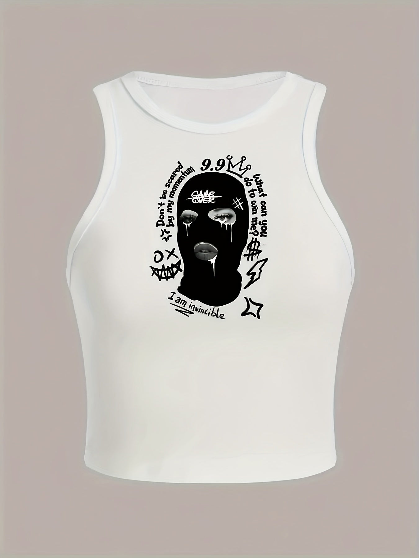 Women's Stylish Graphic Print Tank Top - Sleeveless Crew Neck Crop Top with Bold Portrait Design, "I'm Not a Foodie" Quote & Stars, White Polyester Knit for Spring & Summer Casual Wear