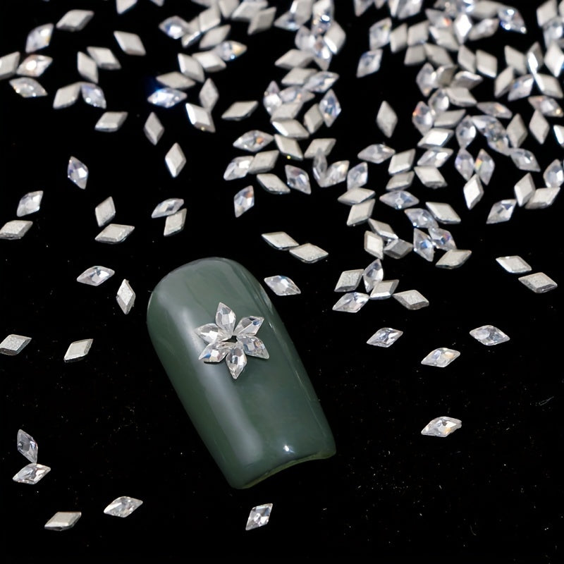 100pcs/bag 1.5*3mm Rhombus Cubic Zirconia Nail Charms, White Glitter Diamond Shaped Rhinestones, Low Allergenic Nail Art Jewelry, Bridal Manicure Accessories, Nail Decoration Supplies for Hand and Foot Care