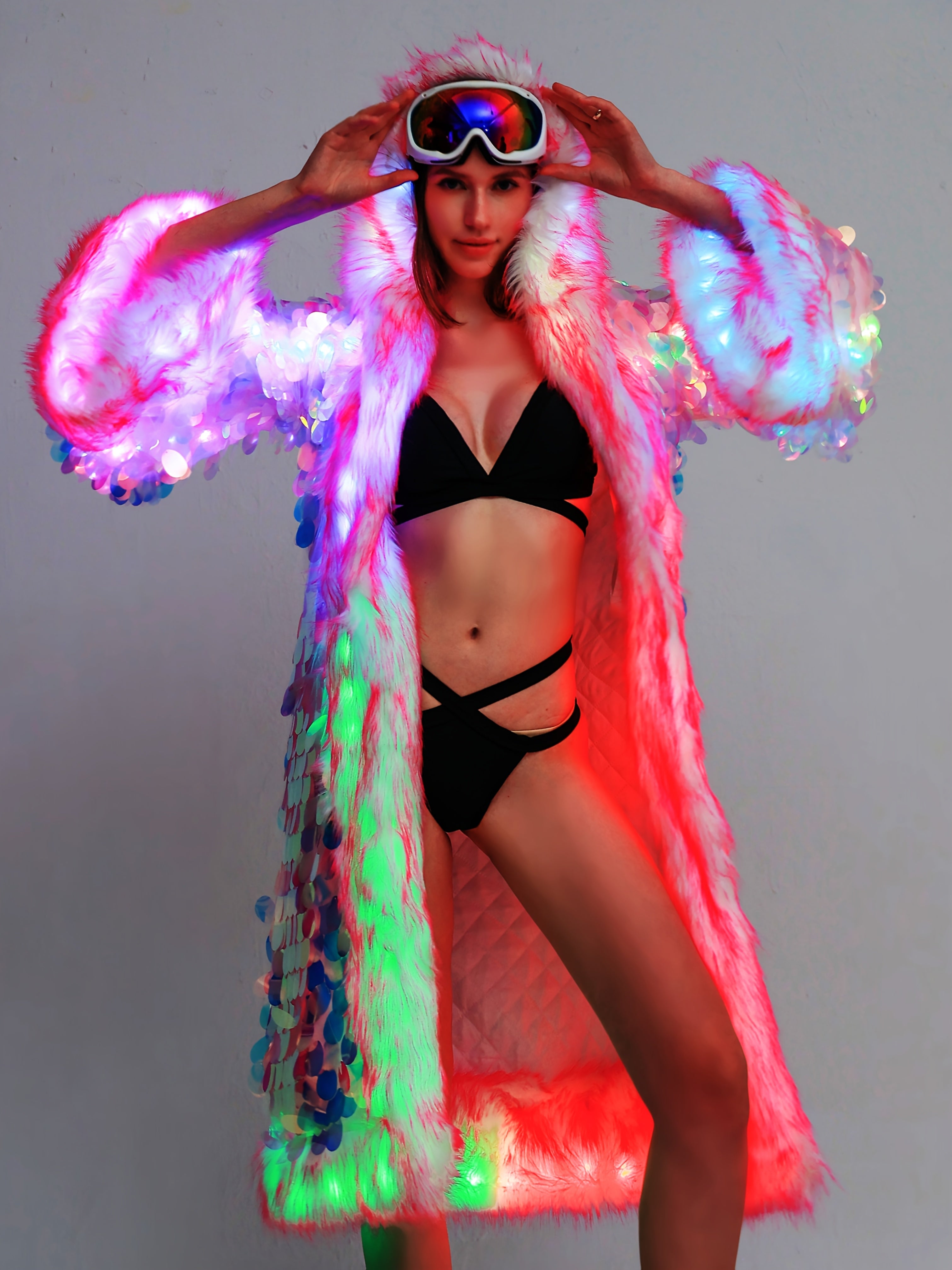Women's LED Sequin Faux Fur Coat - Long Hooded Festival & Cosplay Outfit, USB-Powered, Flare Sleeves, Mermaid Tail Design, Vibrant Pink to Blue Gradient (Batteries Not Included), Cosplay Costume | Sequin Embellished | LED Lit