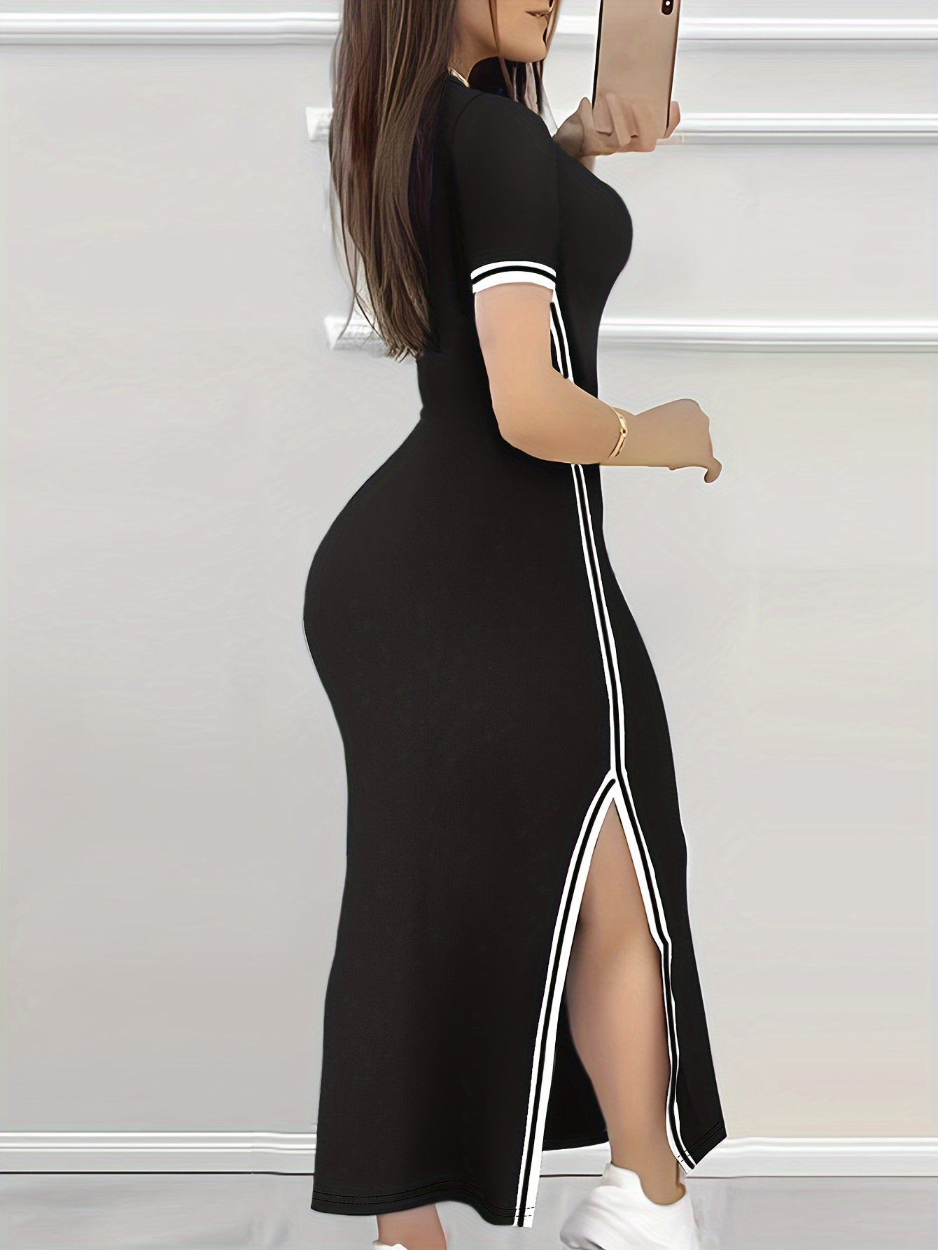 Women's Contrast Trim Split Hem Bodycon Dress - Elegant Crew Neck Short Sleeve Dress For Spring & Summer - For Women - Perfect for Parties & Casual Occasions - Stylish Gift for Fashionable Ladies
