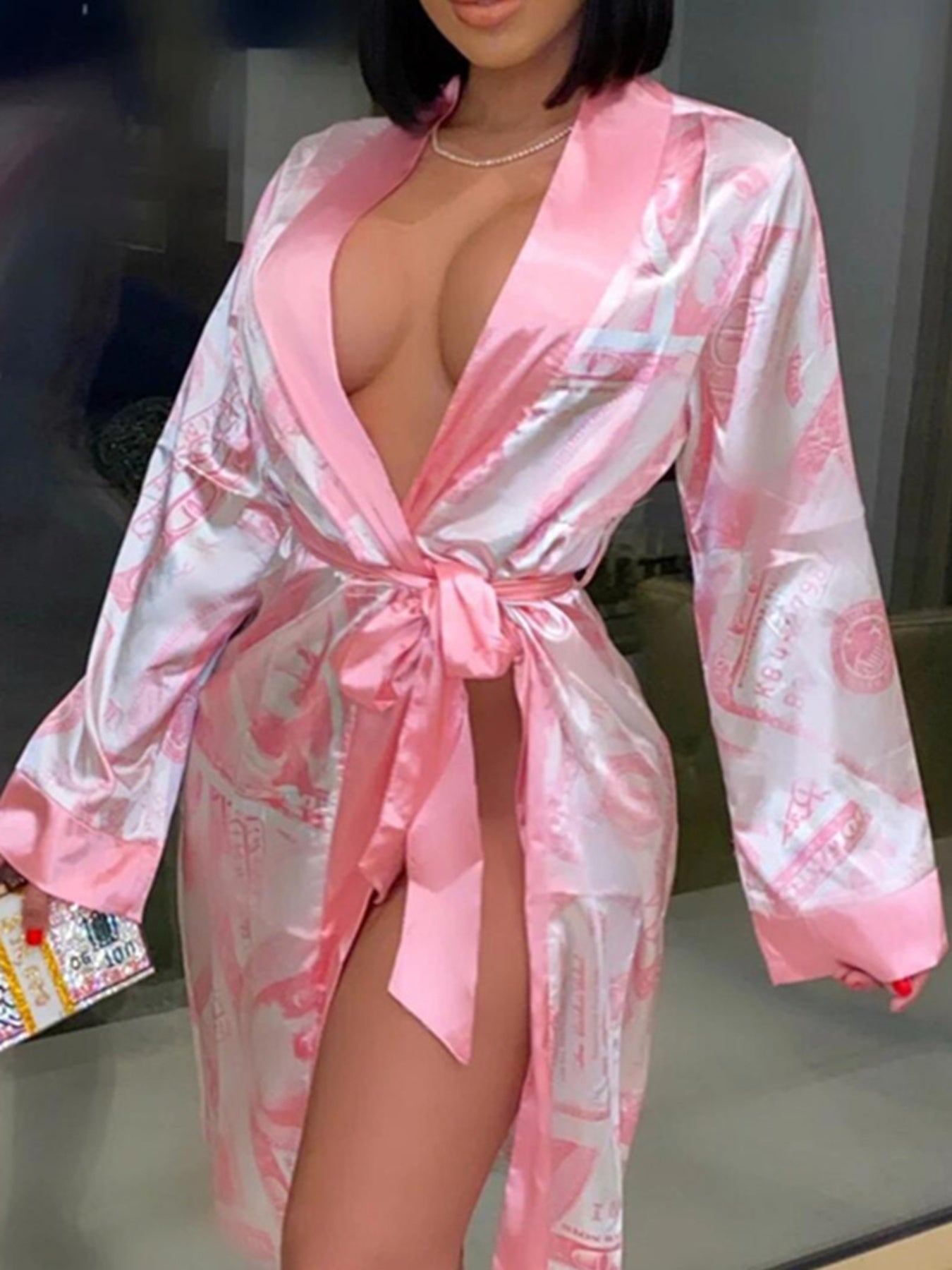 Women's Luxe Satin Robe with Golden Trim & Dollar Print - Long Sleeve V-Neck Kimono Bathrobe Sleepwear with Belt, Soft Polyester Fabric, Machine Washable, Ladies Bathrobe