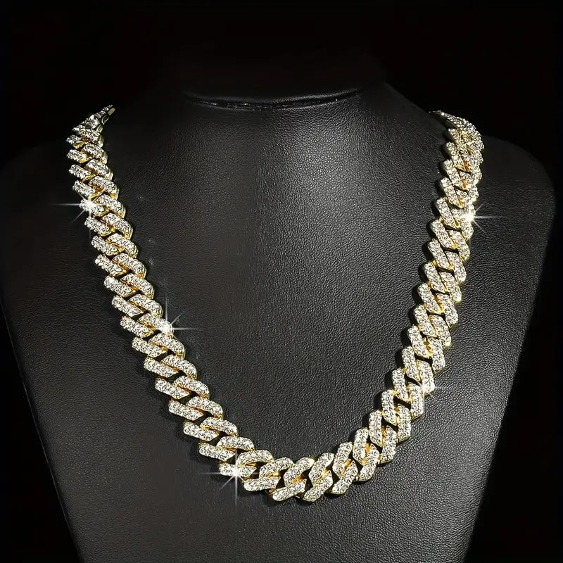 1 Luxurious Golden-Toned Cuban Link Chain Necklace with Sparkling Rhinestones - Hip-Hop Style Charm, Ideal for Daily Wear, Weddings & Special Occasions - Zinc Alloy, Perfect Gift for Her, Chunky Cuban Link Necklace