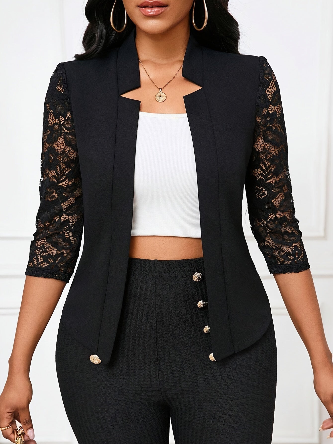 Elegant Women's Lace-Trimmed Open Front Blazer - Casual Commuter Jacket, Machine Washable, Polyester