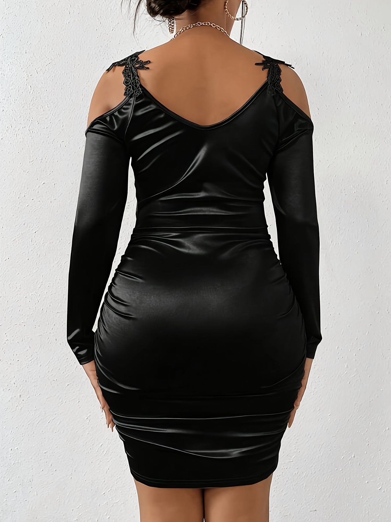 Floral Applique Cold Shoulder Dress, Elegant Long Sleeve Bodycon Dress for Party & Banquet, Women's Clothing