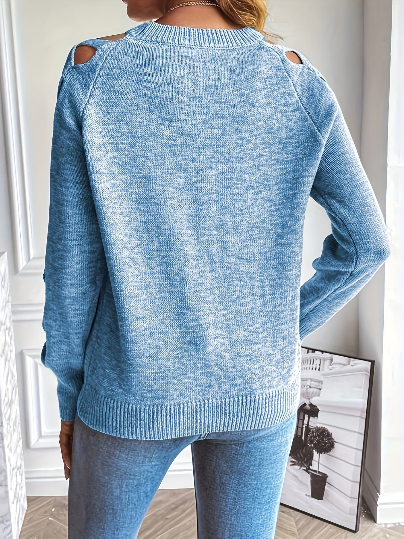 Chic Women's Black Pullover Sweater with Distressed Sleeves - Elegant Cut-Out Detail, Crew Neck, Long Sleeve, High Stretch Nylon/Polyester Blend, Perfect for Autumn Fashion