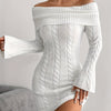 1pc Elegant Off-Shoulder Knit Polyester Sweater Dress - Solid Color Fashion Casual Style with Cable Pattern