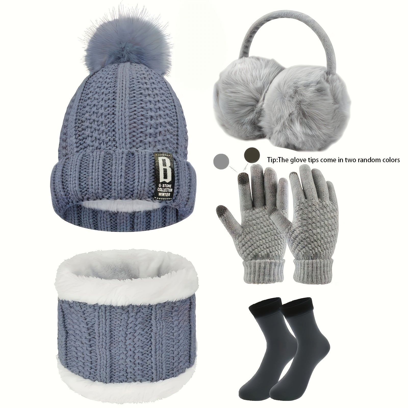 [Winter Sports Bundle] 5pcs/Set Winter Outdoor Sports Equipment - Thick Warm Knit Hat, Neck, Touch Screen Gloves, Plush Ear Muffs and Snow Socks for Skiing, Cycling and Hiking