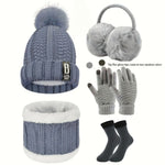 [Winter Sports Bundle] 5pcs/Set Winter Outdoor Sports Equipment - Thick Warm Knit Hat, Neck, Touch Screen Gloves, Plush Ear Muffs and Snow Socks for Skiing, Cycling and Hiking