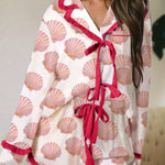 Women Aesthetic Pajamas 2pcs Long Sleeve Bow Lace Up Shirt and Shorts Spring Summer Loungewear Cute Heart Print Sleepwear