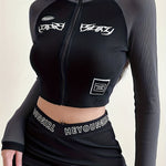 Zipper Front Collor Long-sleeved Sports Shirts, Ribbed Casual Crop Shirts, Women's Tops