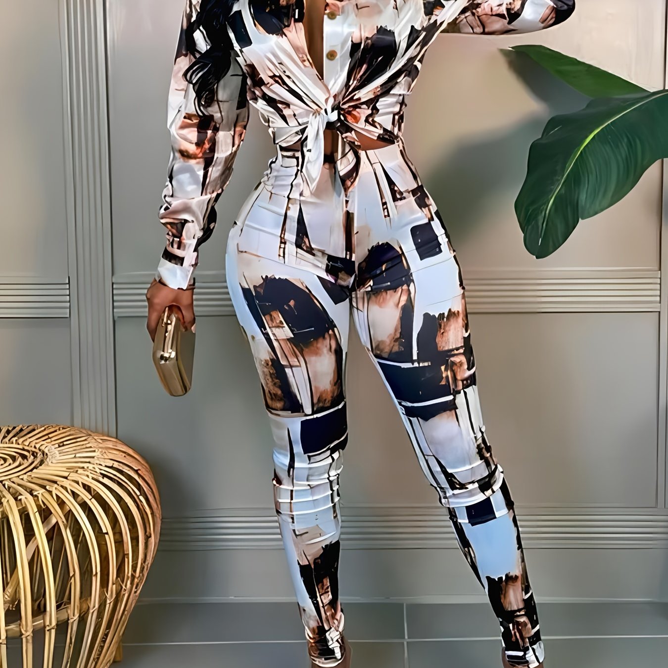 Color Block Casual Two-piece Set, Button Front Long Sleeve Shirt & Slim Pants Outfits, Women's Clothing